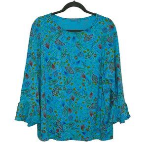 Fresh Produce Knit Top Size 2X Blue 3/4 Flutter Sleeves Seashells Turtles Spot